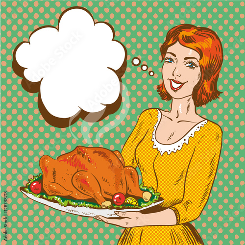 Vector illustration of woman with thanksgiving turkey, pop art style.