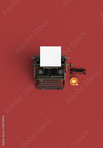 Fotografía vintage typewriter and vintage camera and coffee on the wood bac