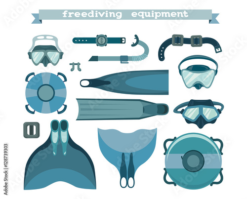Set, collection of freediving equipment.