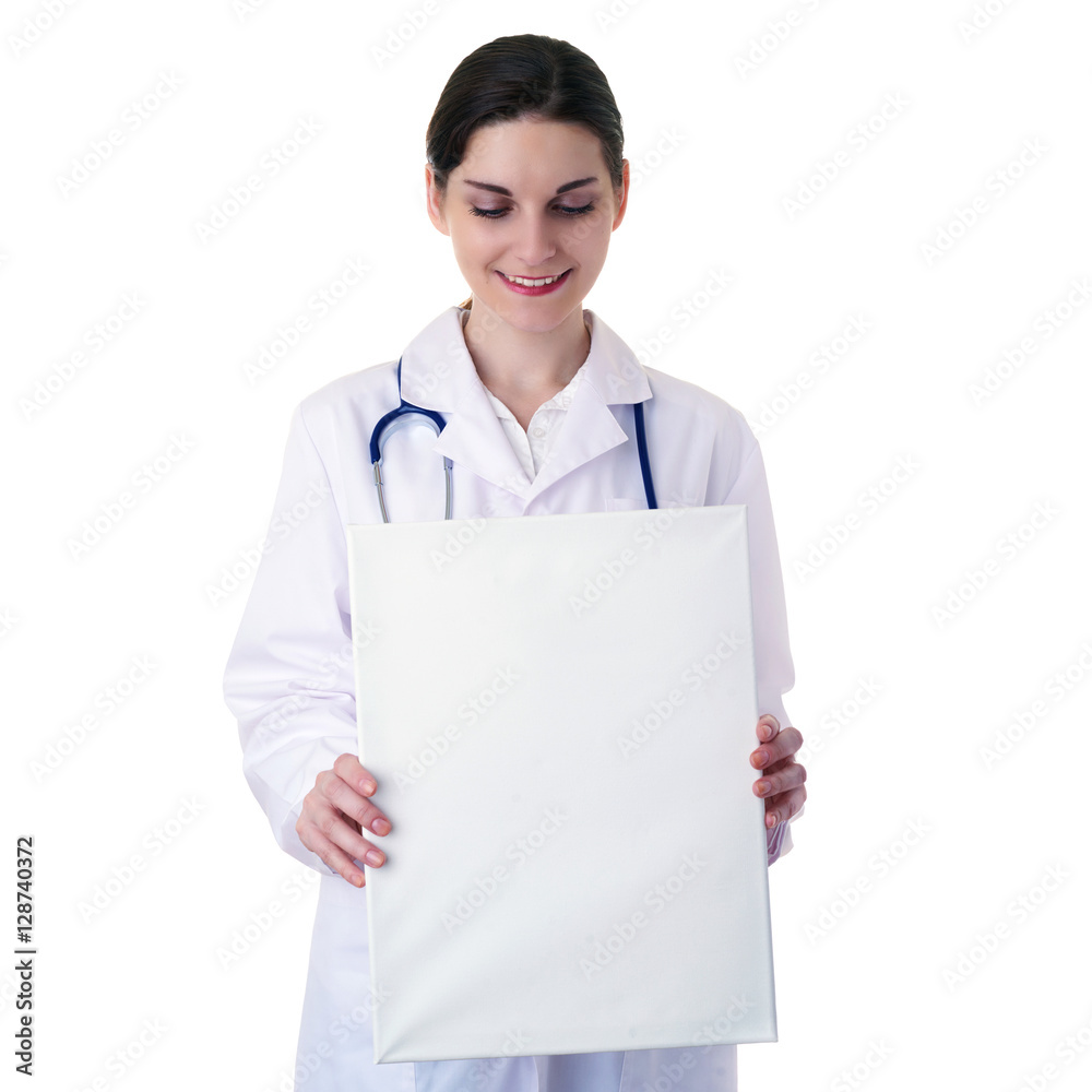 Female doctor assistant scientist in white coat over isolated background Female doctor assistant scientist in white coat over isolated background