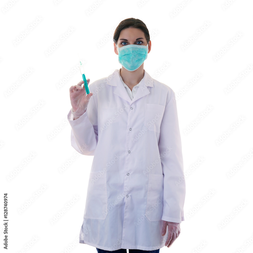 Female doctor assistant scientist in white coat over isolated background Female doctor assistant scientist in white coat over isolated background