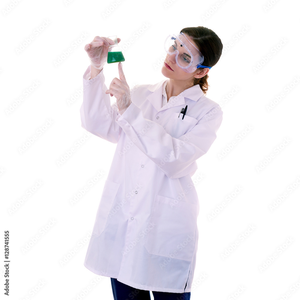 Female assistant scientist in white coat over isolated background Female assistant scientist in white coat over isolated background