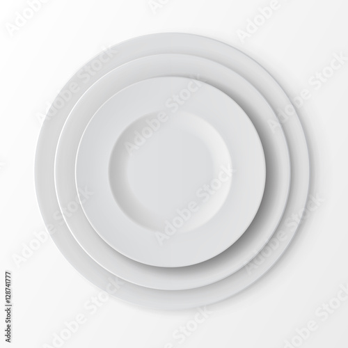 Vector Tableware Set of White Empty Plates Top View on White Background. Table Setting