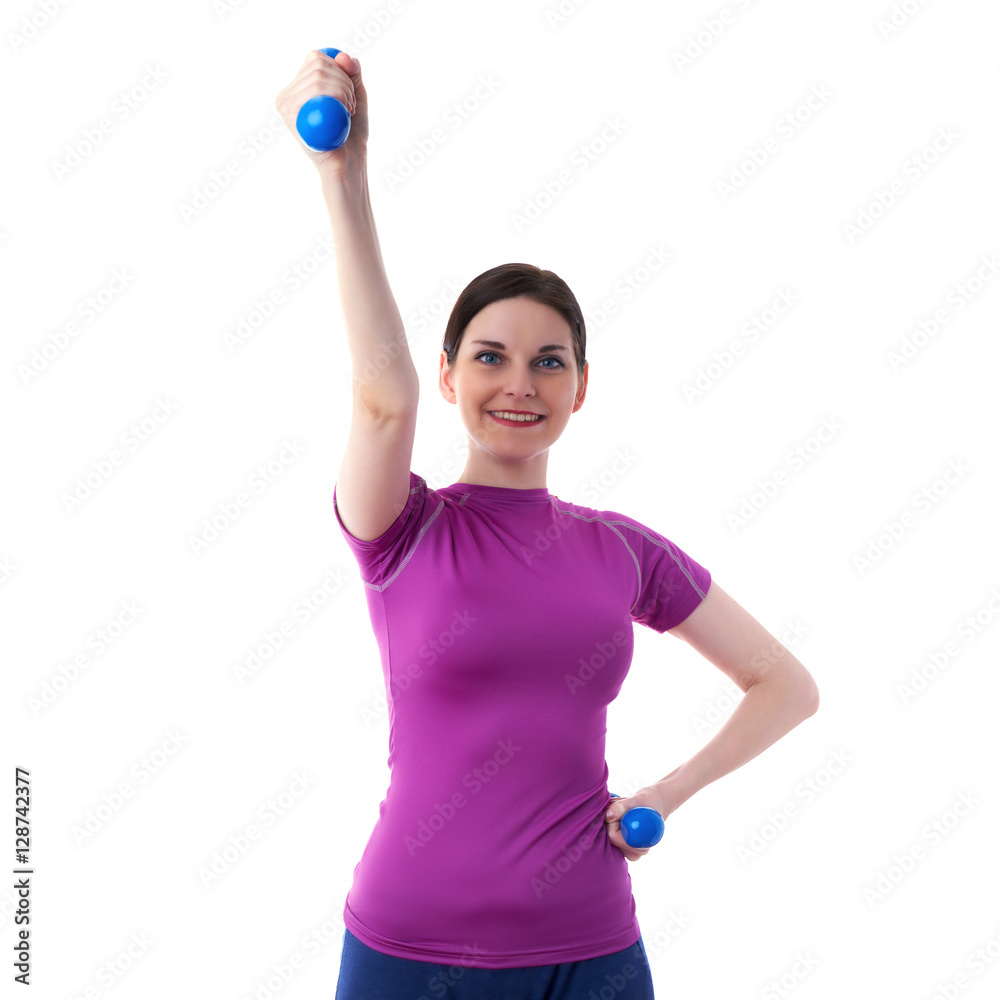 Smiling sporty woman in violet T-short over white isolated background Smiling sporty woman in violet T-short over white isolated background