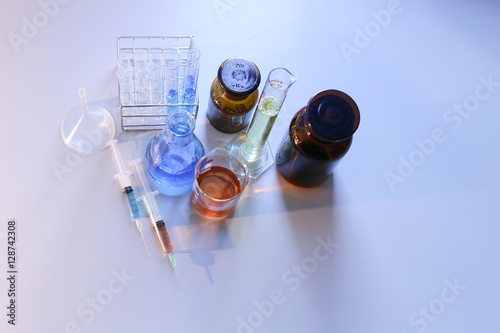 Laboratory glassware, bottle, flasks for experiment in lab.