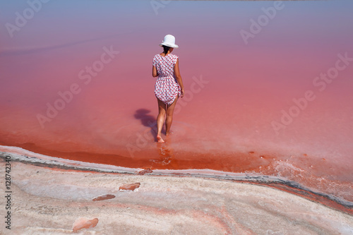 Pink salty lake in Crimea photo