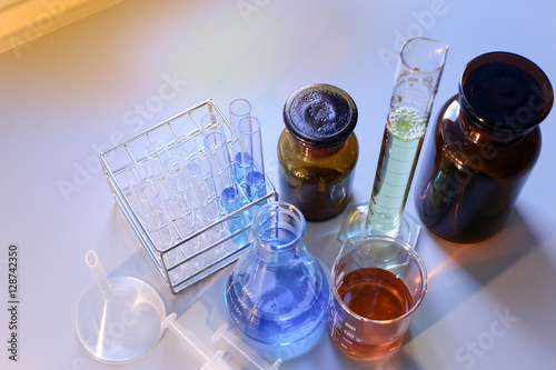 Laboratory glassware, bottle, flasks for experiment in lab.