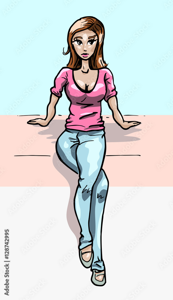 Vrouw zit op muurtje