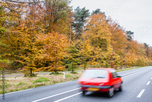 country road. Autumn scene, low angle, motion blur.