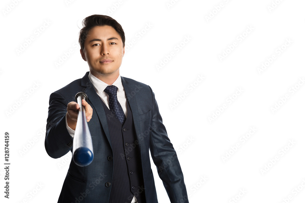 Handsome staring businessman in a suit with vest and tie, holding a baseball bat, staring at camera. White background. Handsome staring businessman in a suit with vest and tie, holding a baseball bat, staring at camera. White background.