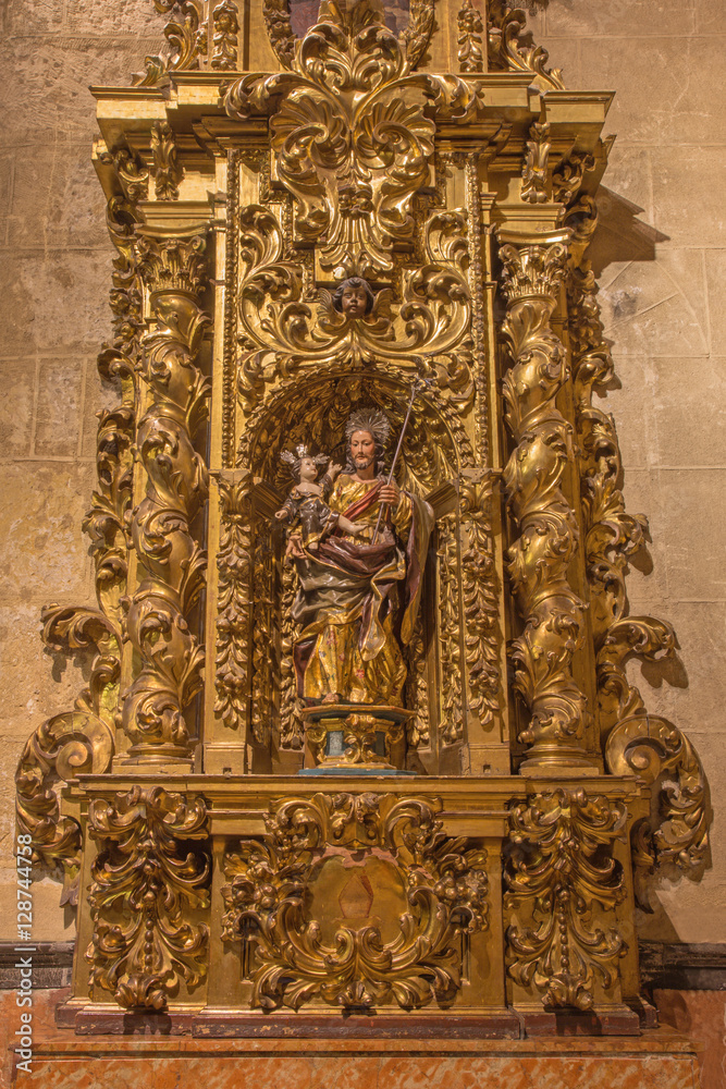 CORDOBA, SPAIN - MAY 27, 2015: The carved polychrome baroque statue of st. Joseph in church Iglesia San Nicolas de la Villa by unknown artist.
