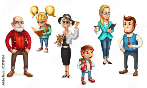 Funny people. Family. Father, mother, grandmother, grandfather, son, daughter. 3d vector icon set