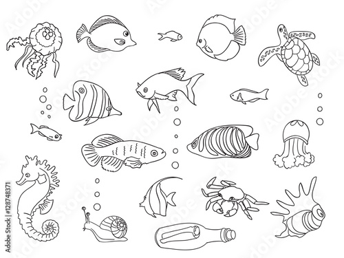 Sketch collection of marine inhabitants.