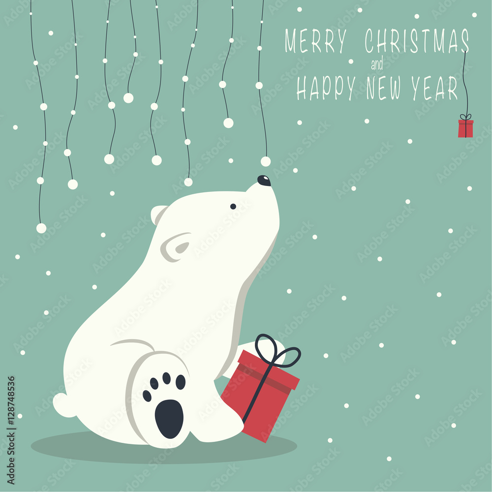 The cover design. Depicts a seated little polar bear with gift box. A garland of snow balls over a bear and the phrase merry Christmas and a happy New year on blue background.