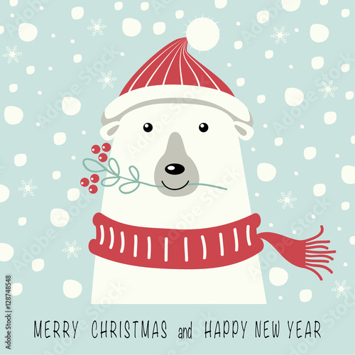 The cover design. Depicts a polar bear in a cap and scarf in red. Mouth bear holding a twig with red berries. The phrase merry Christmas and a happy New year.