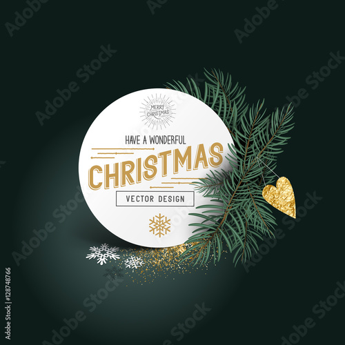 Christmas Pines and Decor. Xmas tree leaves with a label sign and seasonal decorations - vector illustration.