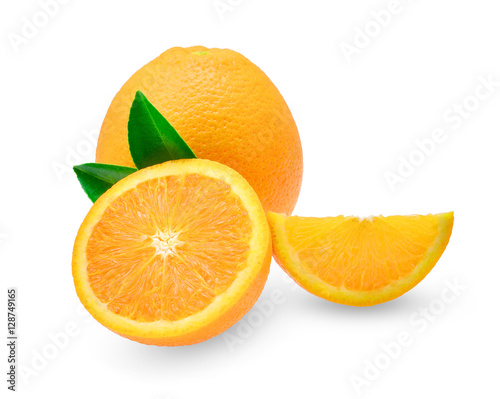 fresh orange fruit with leaf isolated on white background