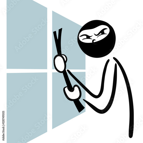 Stick man concept - burglar with crowbar standing in front of window