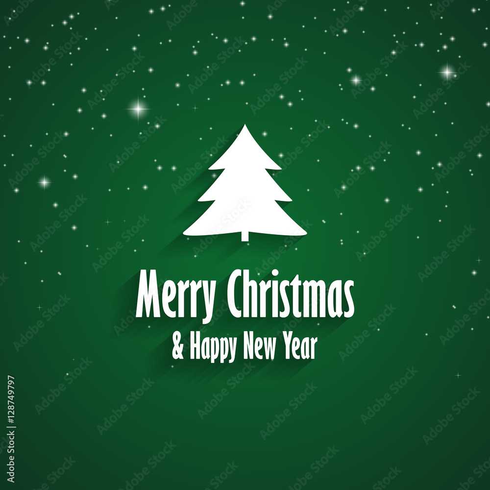 Merry Christmas and Happy New Year green greeting card with Christmas tree and snow