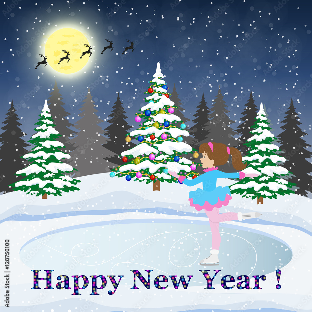 Happy new year and merry Christmas landscape card design with christmas tree.
