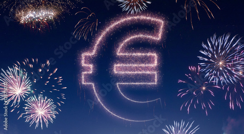 Φωτογραφία Night sky with fireworks shaped as a Euro symbol.(series)