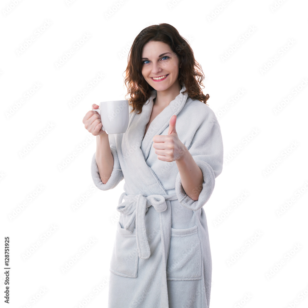 Young woman in bath robe over white isolated background Young woman in bath robe over white isolated background