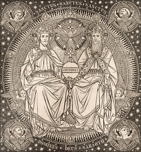 BRATISLAVA, SLOVAKIA, NOVEMBER - 21, 2016: The lithography of Holy Trinity in Missale Romanum by unknown artist with the initials F.M.S from end of 19. cent. and printed by Typis Friderici Pustet.