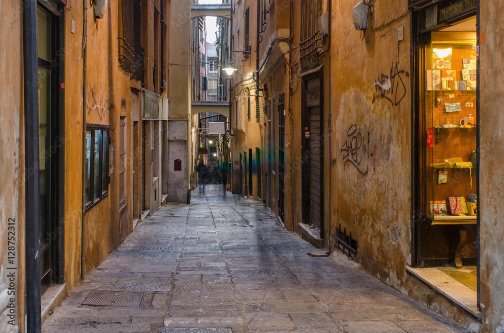 Vico Del Duca, an old narrow  but lively street in the ancient part of the city of Genoa