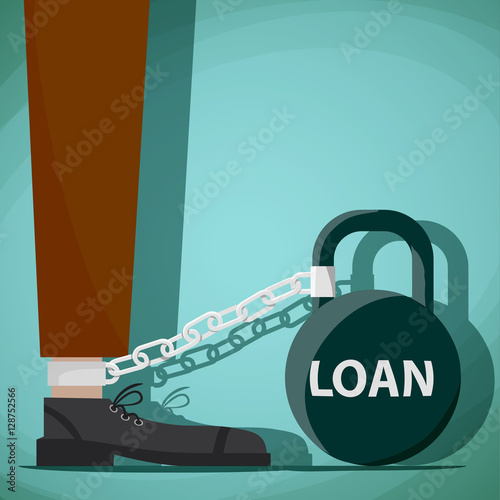 Man chained to kettlebell with the word loan. Stock Vector carto