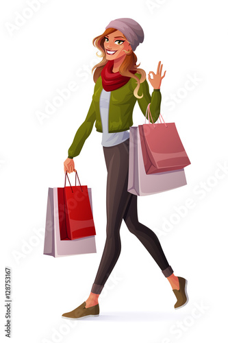 Vector young woman walking with shopping bags and showing OK.