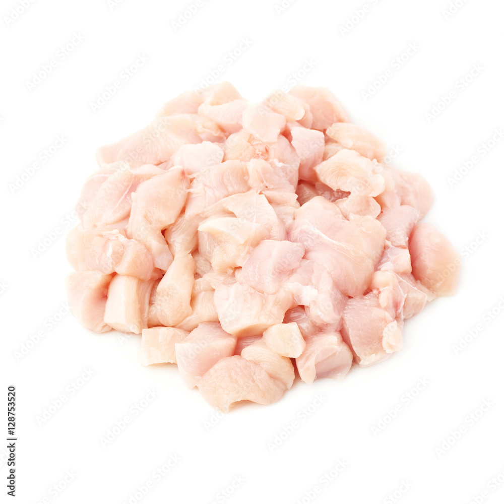 Raw chicken fillet cutted into pieces isolated over white background Raw chicken fillet cutted into pieces isolated over white background