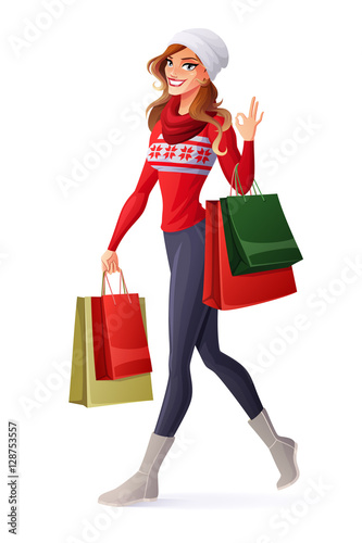 Vector woman in Christmas outfit with shopping bags showing OK.