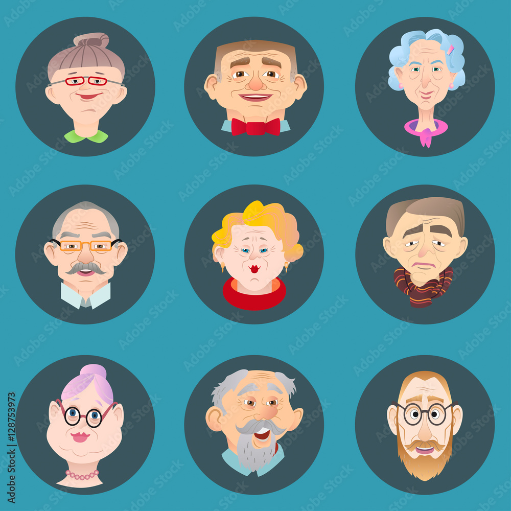 Face of elder people icons set in flat style. Pensioner head 