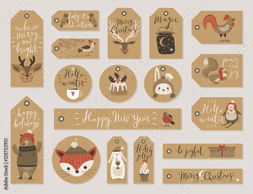 Christmas kraft paper cards and gift tags set, hand drawn style.