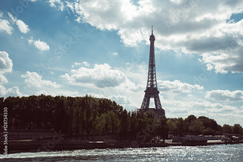 Fototapeta Naklejka Na Ścianę i Meble -  Eiffel Tower. Paris. France. Famous historical landmark on the quay of a river Seine. Romantic, tourist, architecture symbol.