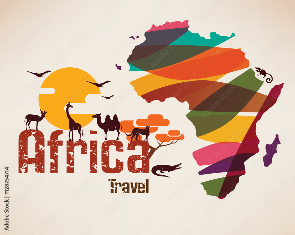Africa travel map, decrative symbol of Africa continent with eth - obrazy, fototapety, plakaty 