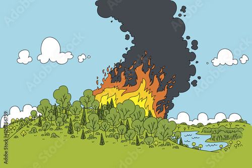 A cartoon natural landscape with a raging forest fire burning through bright green trees and releasing clouds of black smoke.