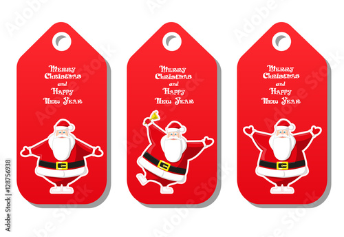 Set of  holiday pattern for label Merry Christmas and Happy New Year type with figurines funny Santa Claus different poses isolated on white background. Cartoon style. Vector illustration