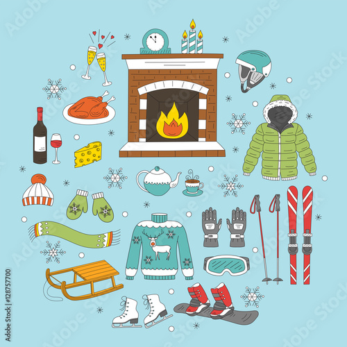 Winter activity icons hand drawn doodle vector illustration. Ski and snowboard equipment, winter vacation elements.