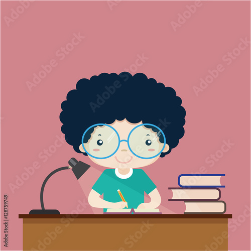 Kids on writing a book on the table, vector cartoon