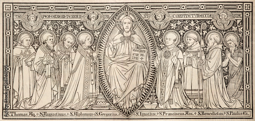 Schilderij op canvas BRATISLAVA, SLOVAKIA, NOVEMBER - 21, 2016: The lithography of Jesuts among saints designed by unknown artist with initials F