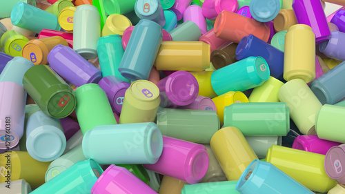 A messy pile of vibrantly colored soda cans. This image is a 3D illustration.
