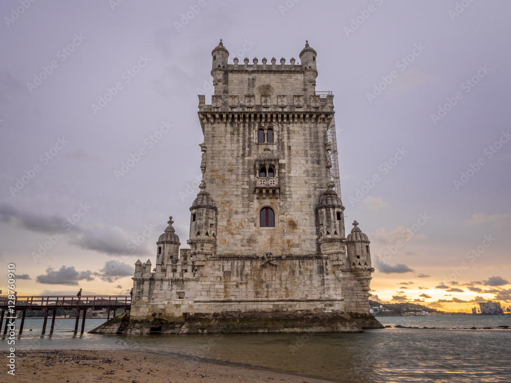 Torre de Belem on the bank of Tagus river in Lisbon, Portugal, a