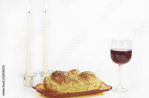 Shabbat Observance, Challah,Two Candles,Glass Of Wine photo