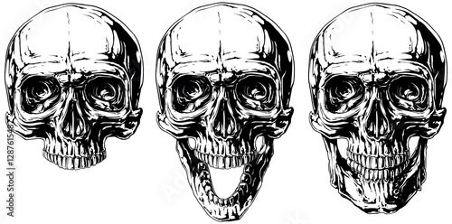 Set of graphic black and white human skull tattoo