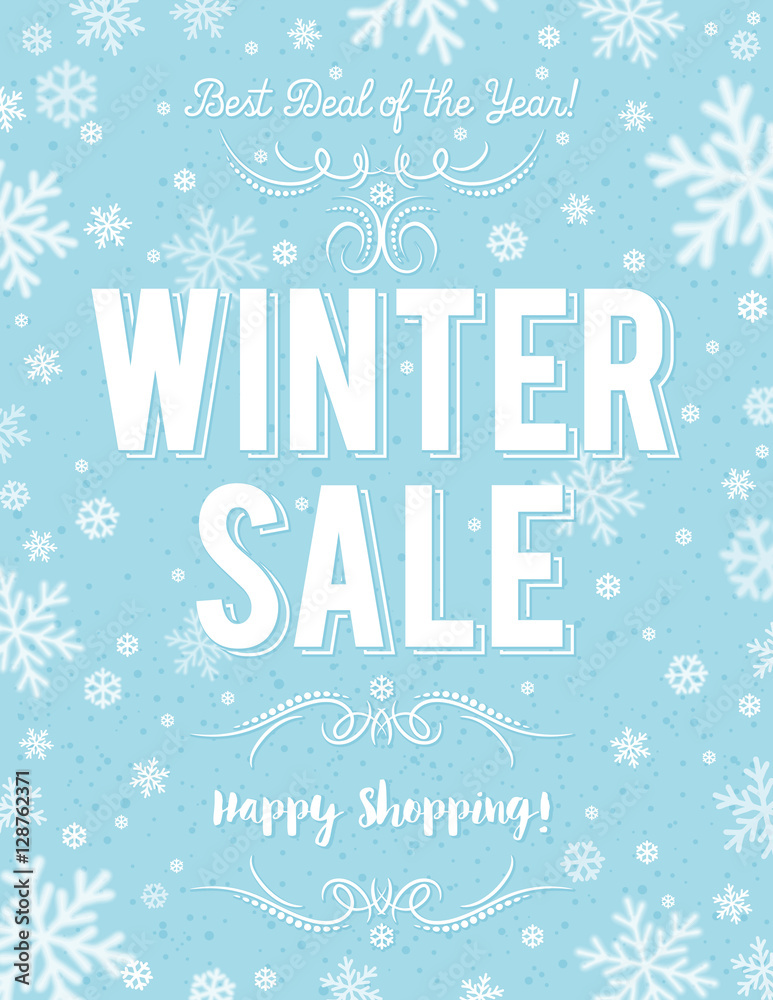 Blue Christmas  poster with snowflakes and sale offer, vector