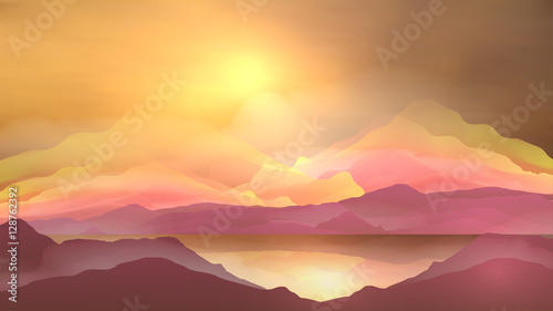 Abstract Sunrise Mountains with Lake - Vector Illustration