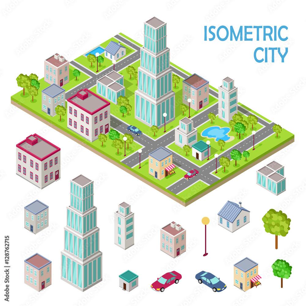 Set of City Buildings in Isometric Projection Set of City Buildings in Isometric Projection