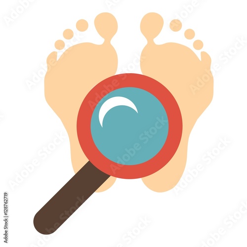 Magnifying glass over the foots icon. Flat illustration of magnifying glass over the foots vector icon for web design