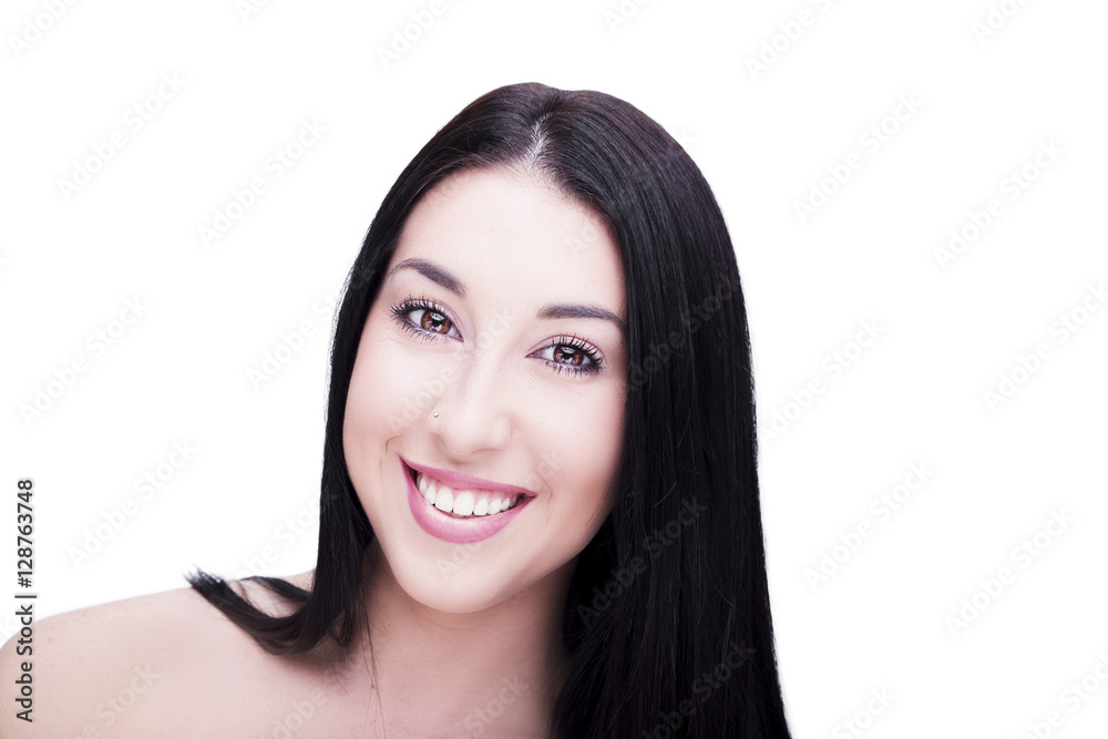 Beautiful woman smiling face close up studio on white background Beautiful woman smiling face close up studio on white background
